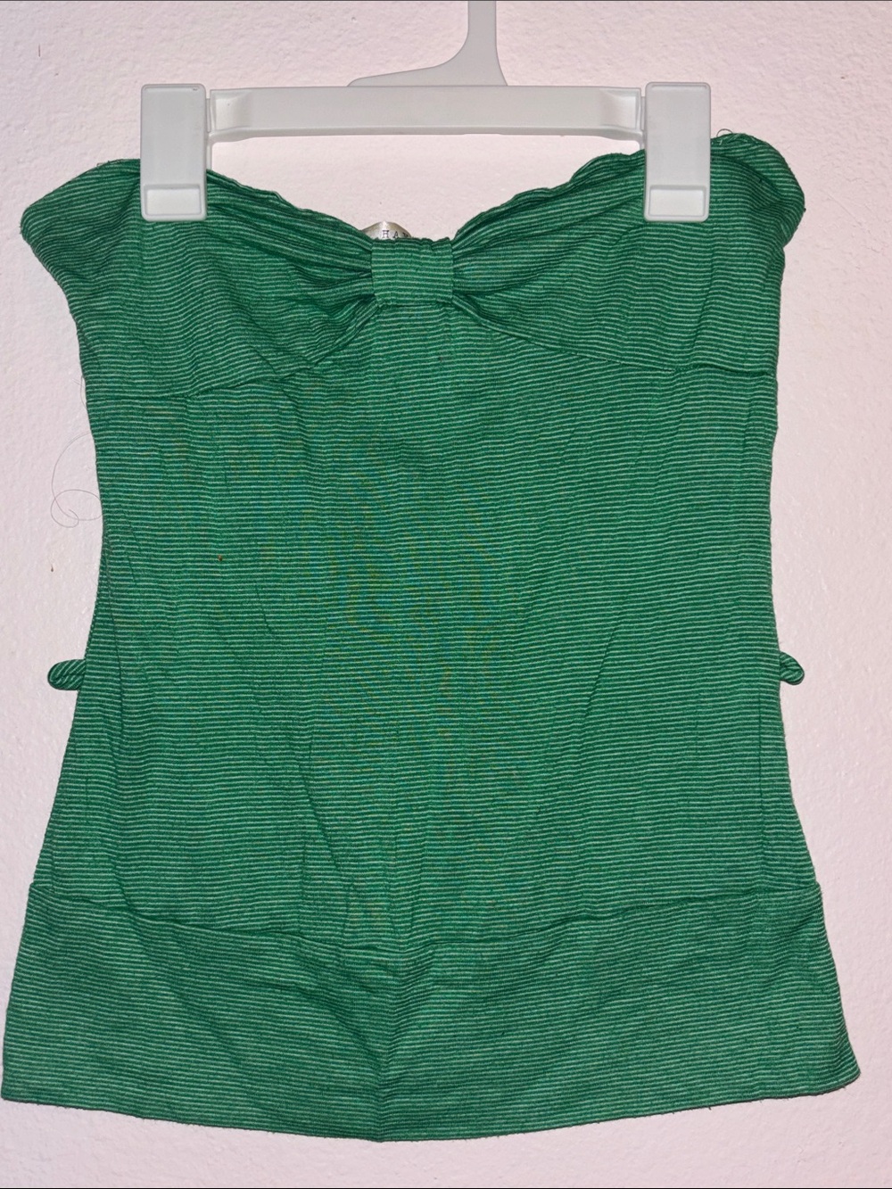 Woman’s Y2K Strapless Top With Bow, Green With White Pinstripes